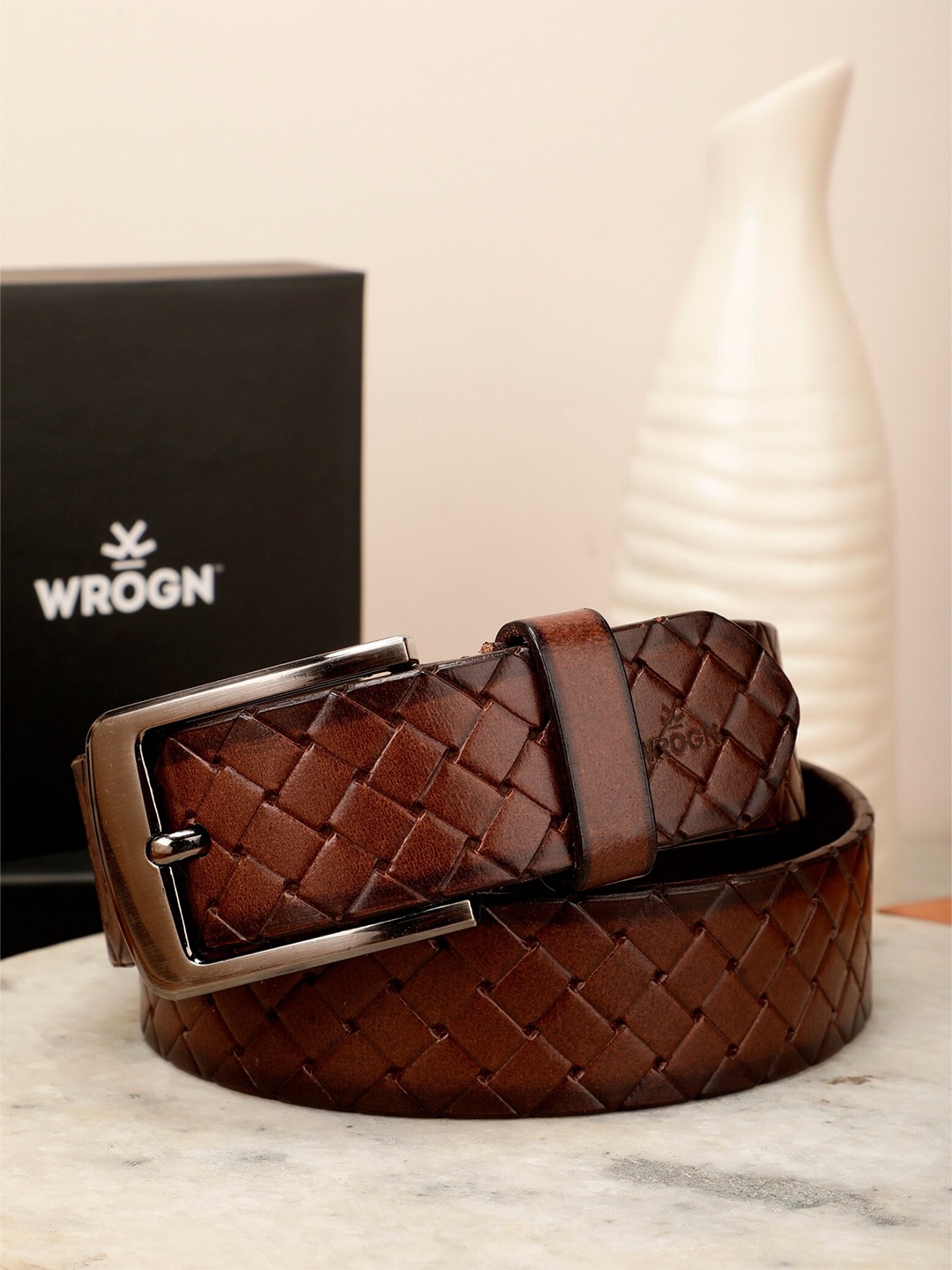 

WROGN Men Textured Wide Leather Belt, Brown