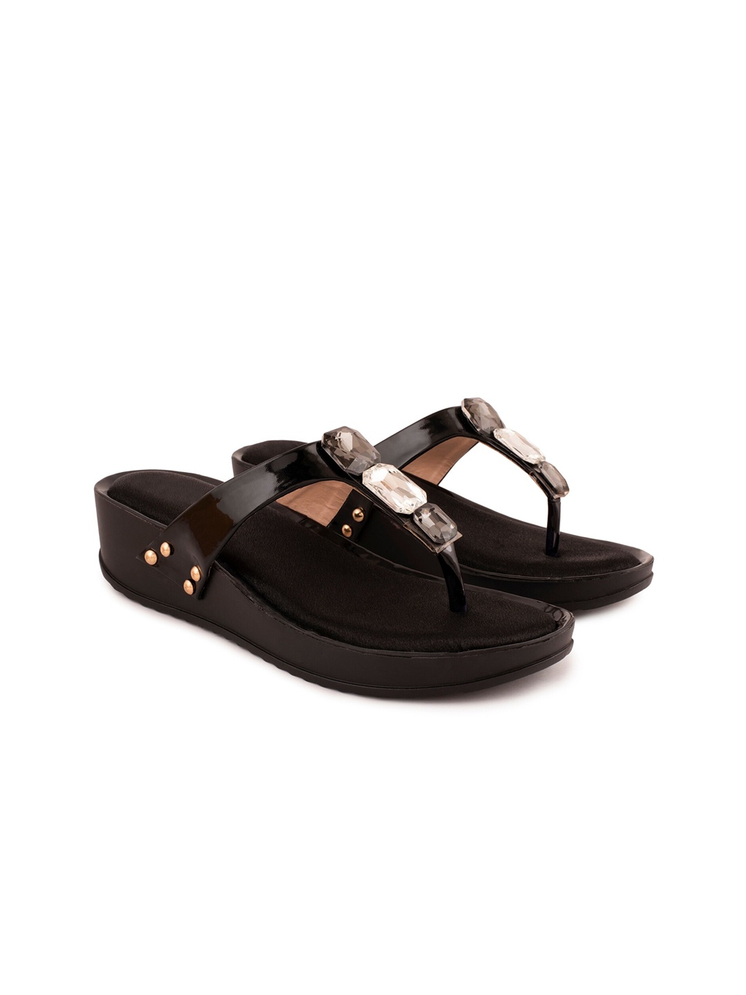 

sneakers villa Embellished Open Toe Wedges, Black