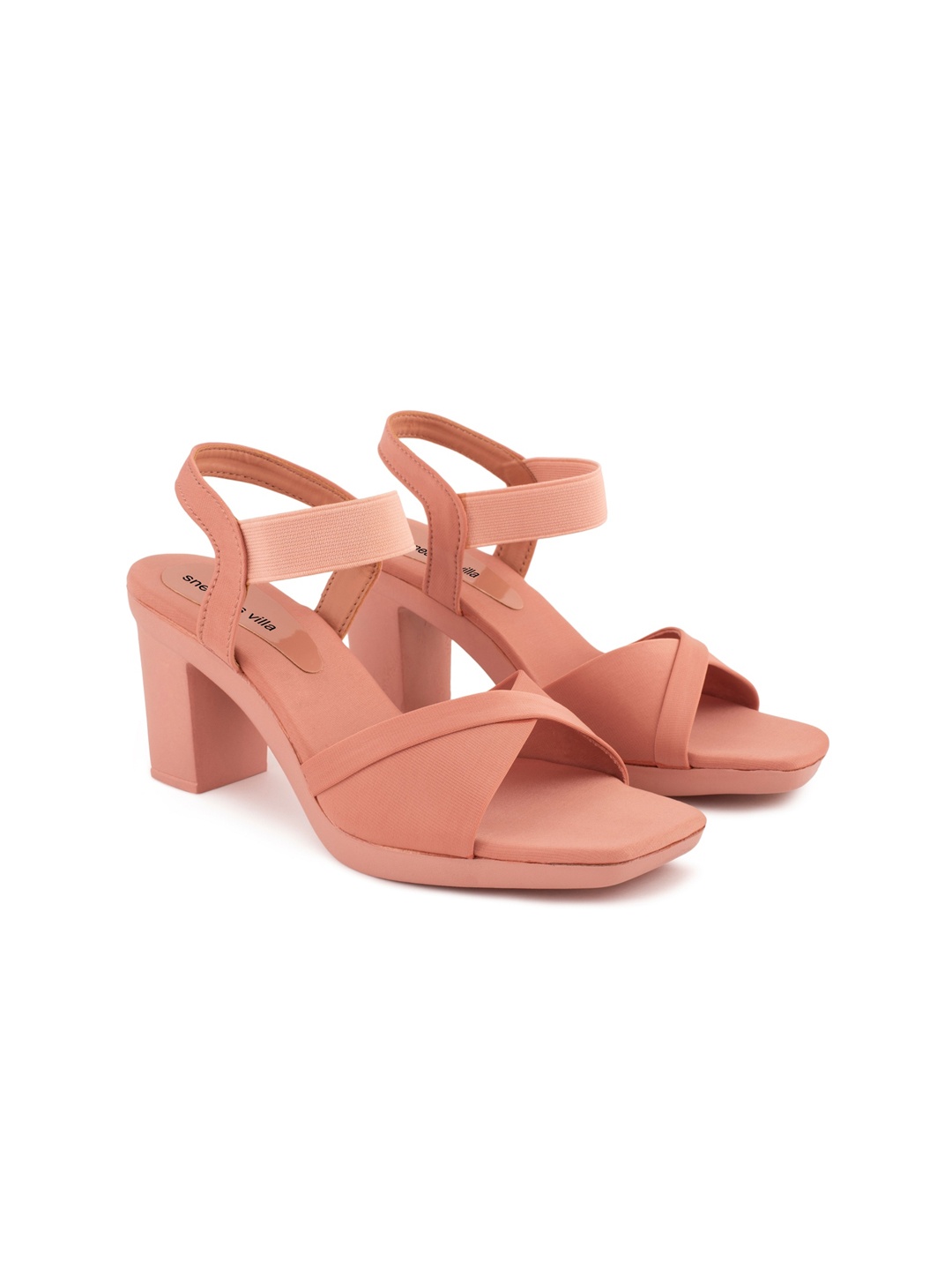 

sneakers villa Textured Open Toe Block Heels With Backstrap, Peach