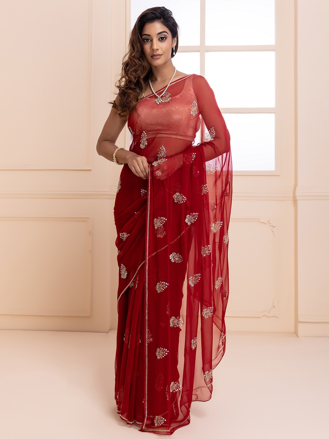

Geroo Jaipur Paisley Embridered Sequinned Pure Chiffon Saree, Maroon