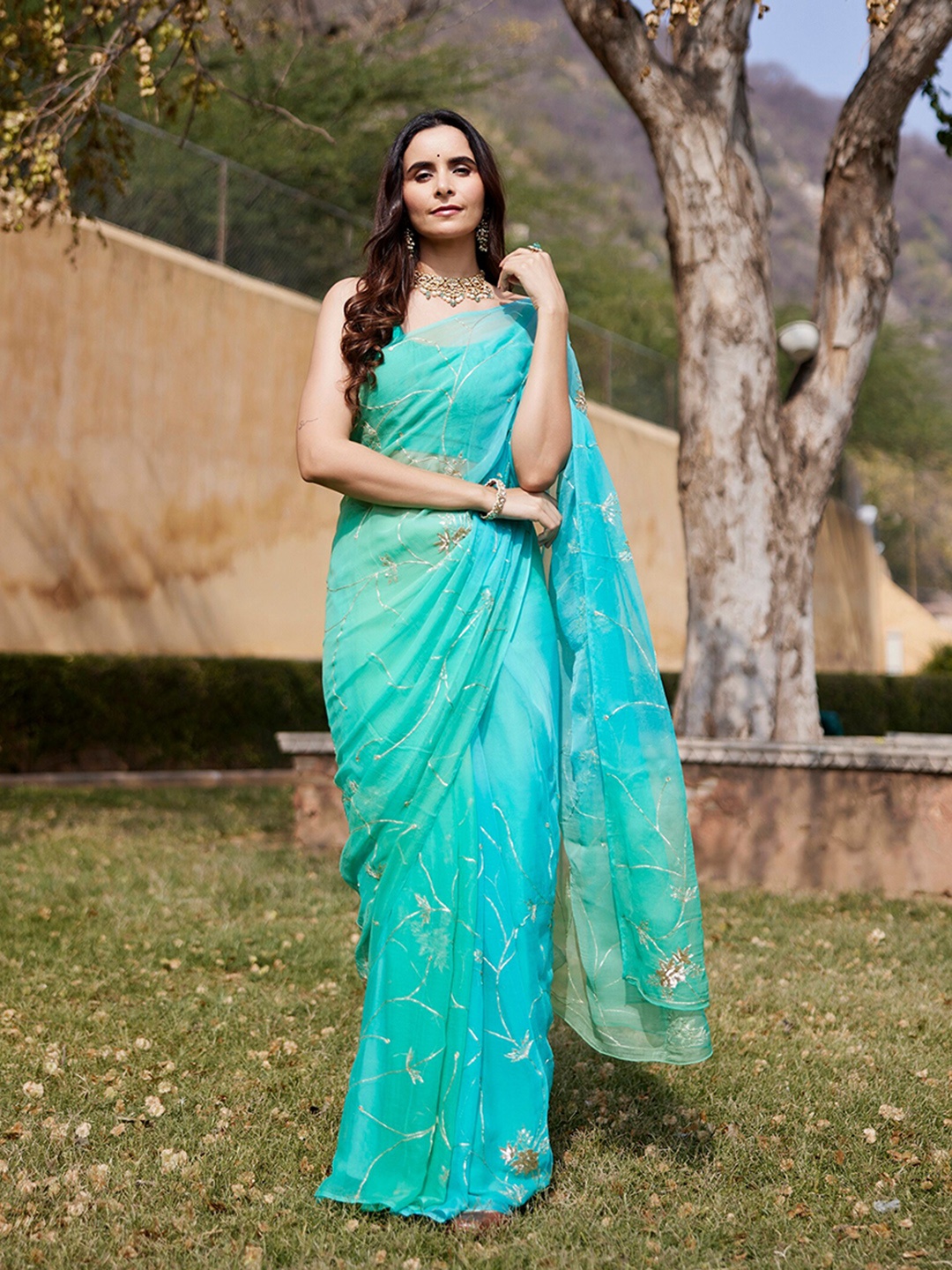 

Geroo Jaipur Floral Embroidered Jaali Pure Chiffon Saree, Green