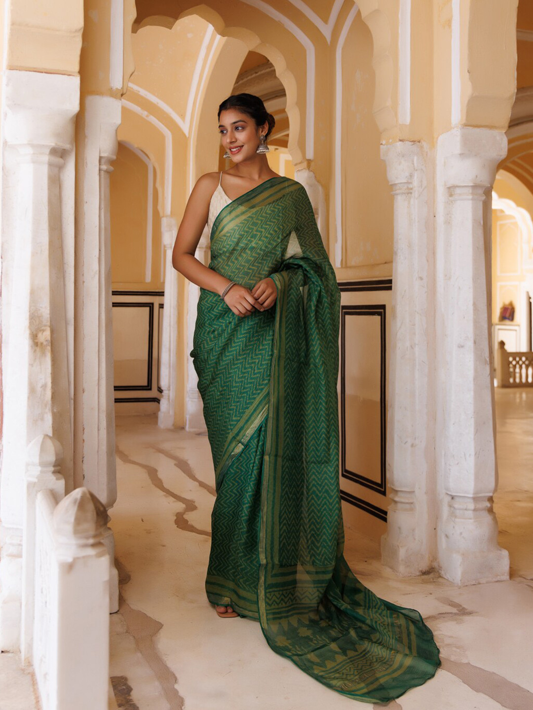 

Geroo Jaipur Chevron Printed Zari Pure Silk Kota Saree, Green