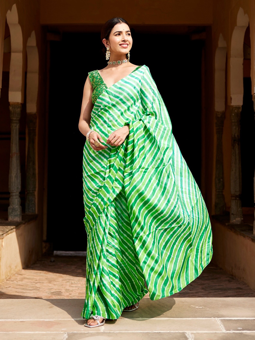 

Geroo Jaipur Pure Silk Leheriya Saree, Green