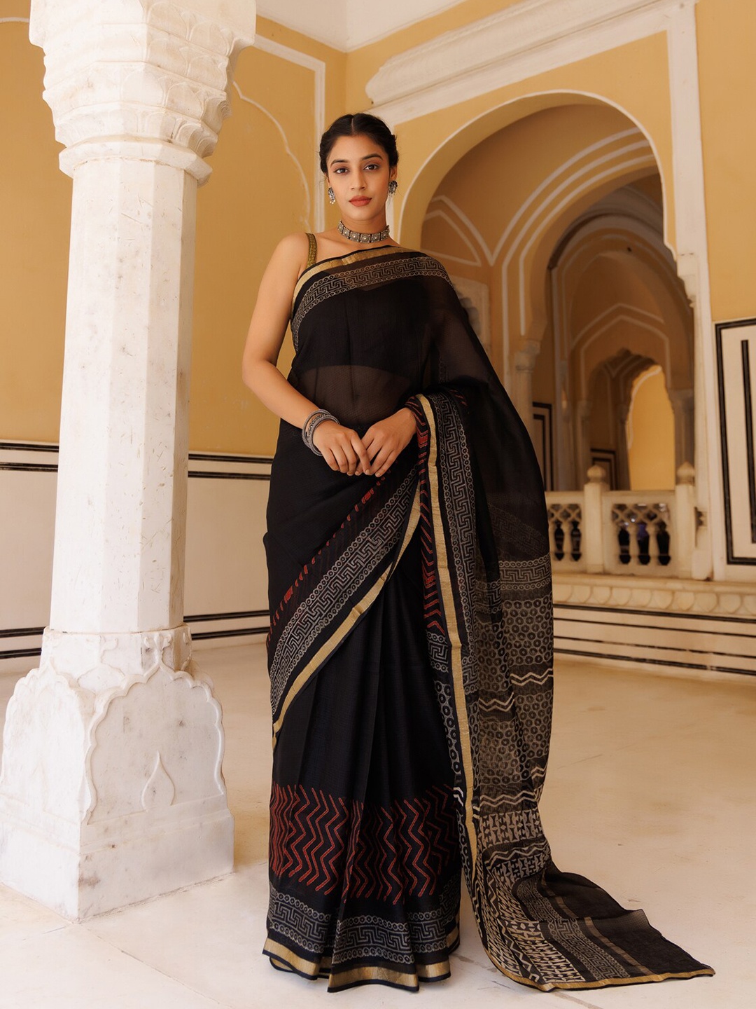 

Geroo Jaipur Ethnic Motifs Block Printed Zari Pure Silk Kota Saree, Black