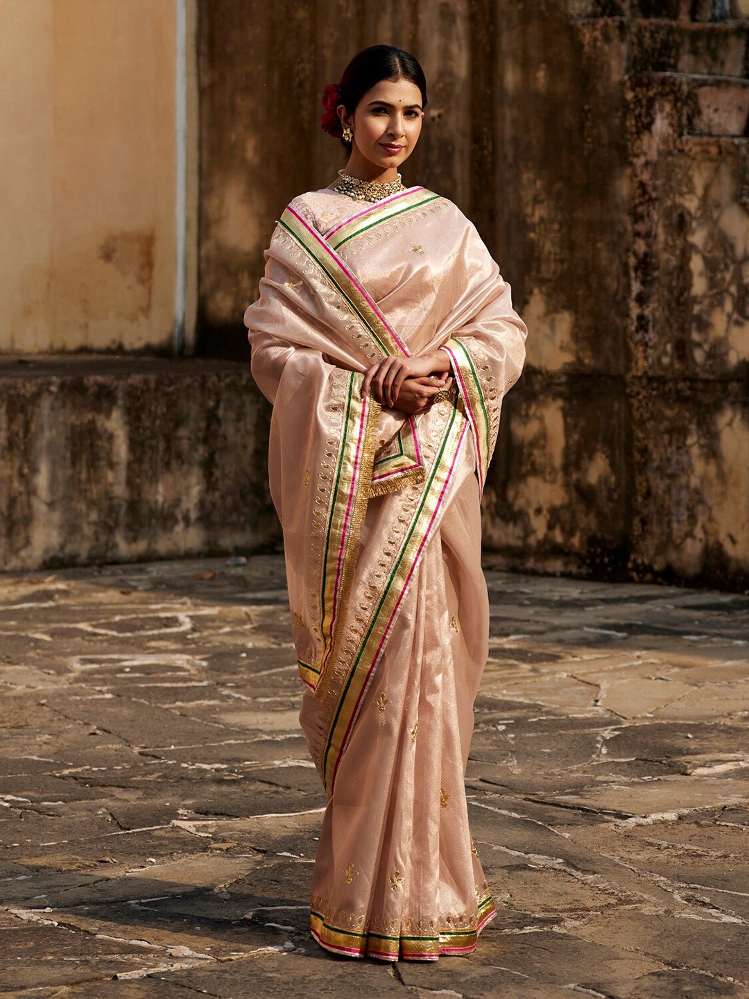 

Geroo Jaipur Ethnic Motifs Embroidered Gotta Patti Pure Silk Banarasi Saree, Pink