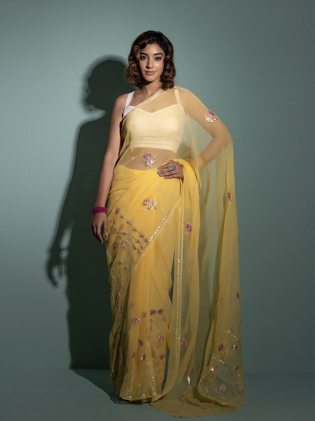 

Geroo Jaipur Floral Embroidered Gotta Patti Pure Chiffon Saree, Yellow