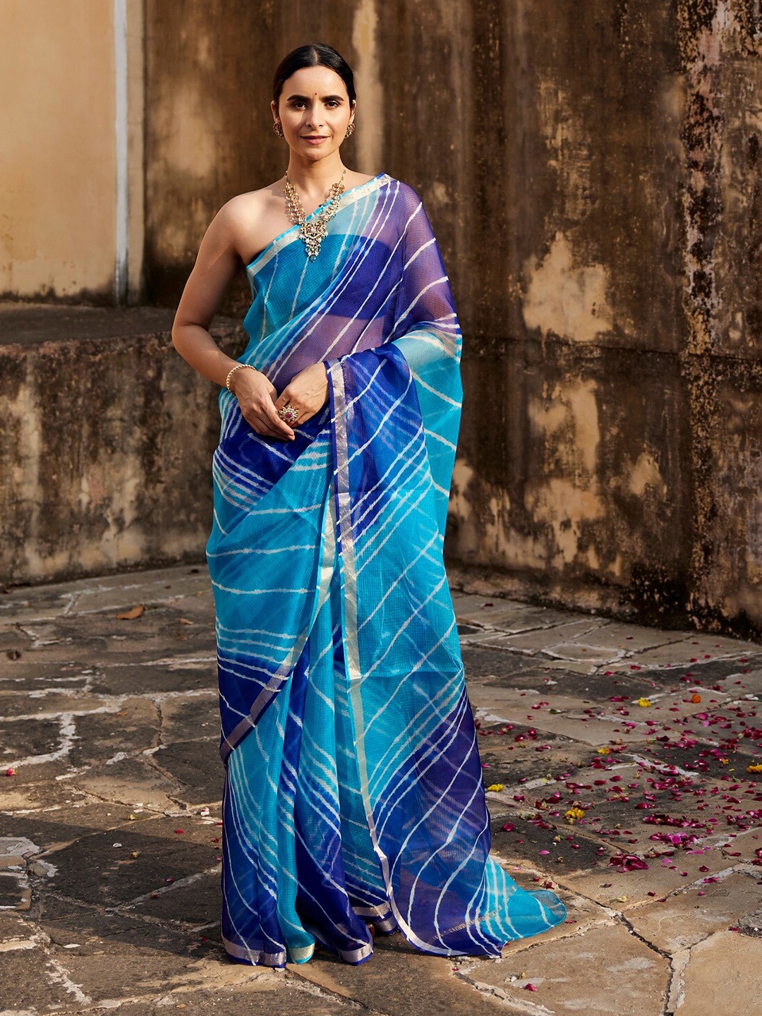 

Geroo Jaipur Leheriya Printed Zari Pure Silk Kota Saree, Turquoise blue