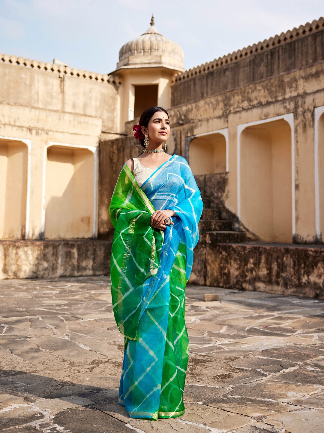

Geroo Jaipur Leheriya Zari Pure Silk Kota Saree With Blouse Piece, Turquoise blue