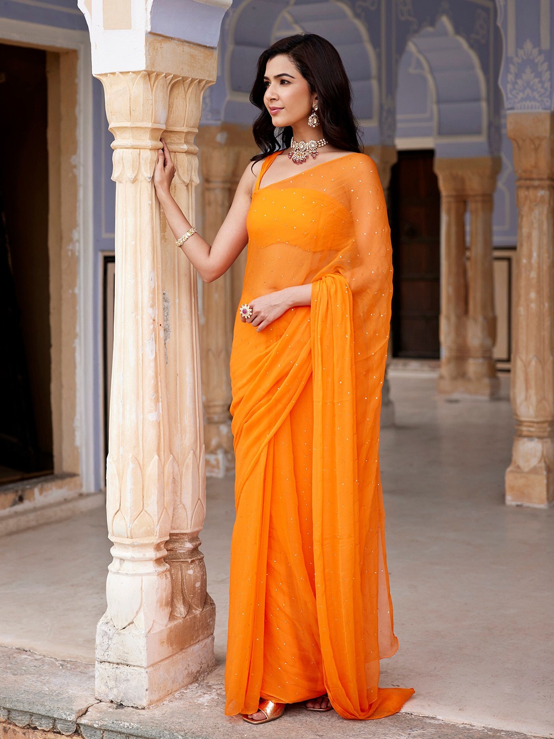 

Geroo Jaipur Embellished Poly Chiffon Saree With Blouse Piece, Orange