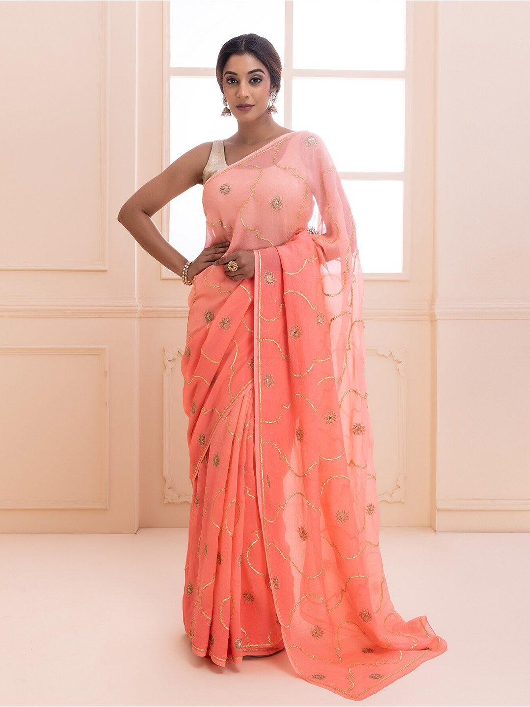 

Geroo Jaipur Ethnic Motifs Embroidered Sequinned Pure Chiffon Saree With Blouse Piece, Pink