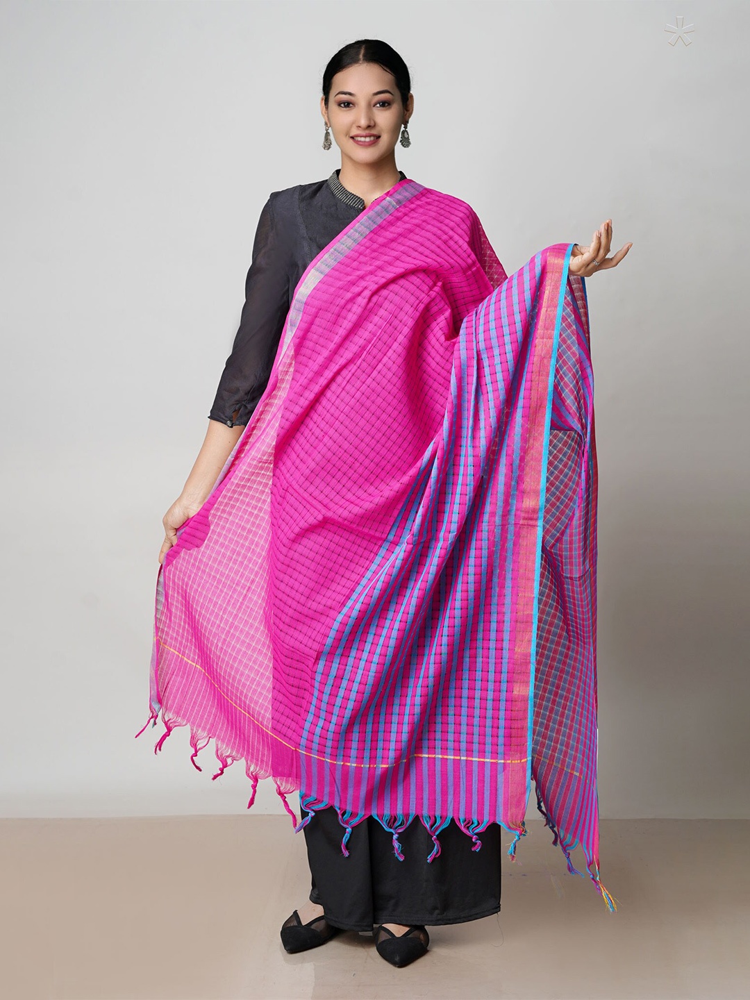 

Unnati Silks Checked Zari Pure Cotton Dupatta, Pink