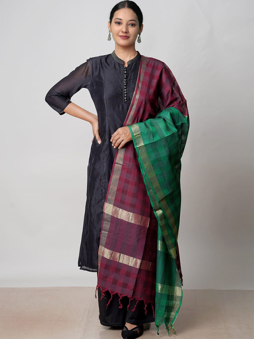 

Unnati Silks Checked Woven Design Pure Cotton Dupatta, Green