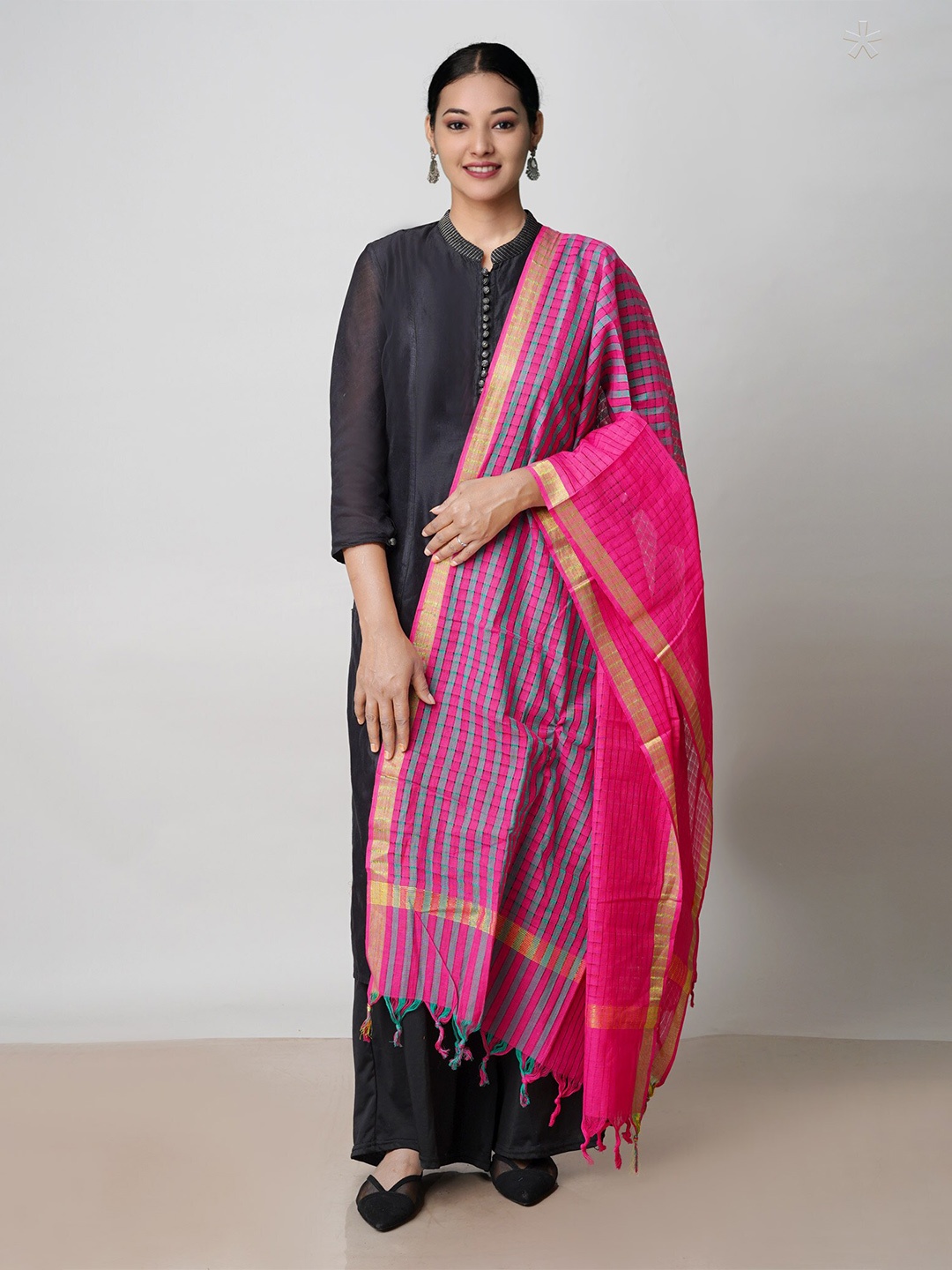 

Unnati Silks Checked Woven Design Pure Cotton Dupatta with Zari, Pink