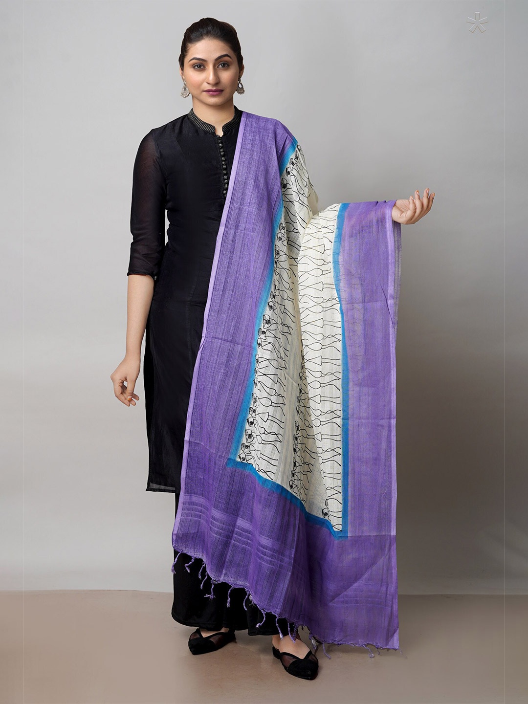 

Unnati Silks Cream-Coloured & Purple Ethnic Motifs Printed Pure Cotton Block Print Dupatta