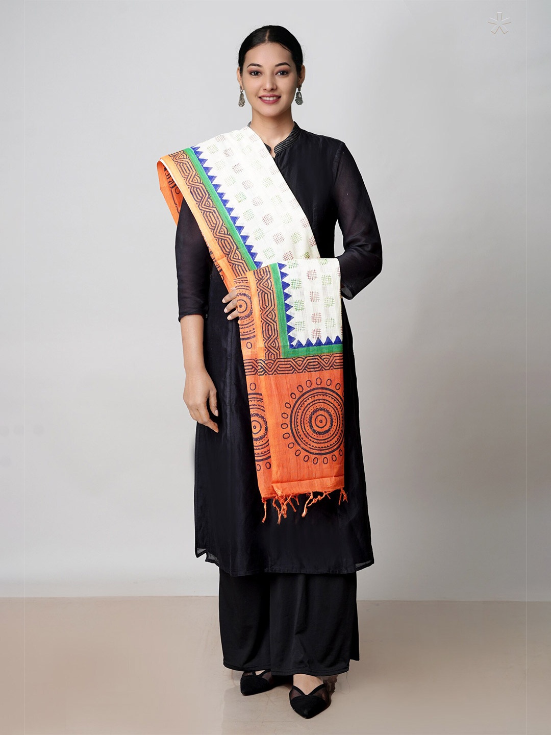 

Unnati Silks Ethnic Motifs Block Printed Pure Cotton Dupatta, Orange