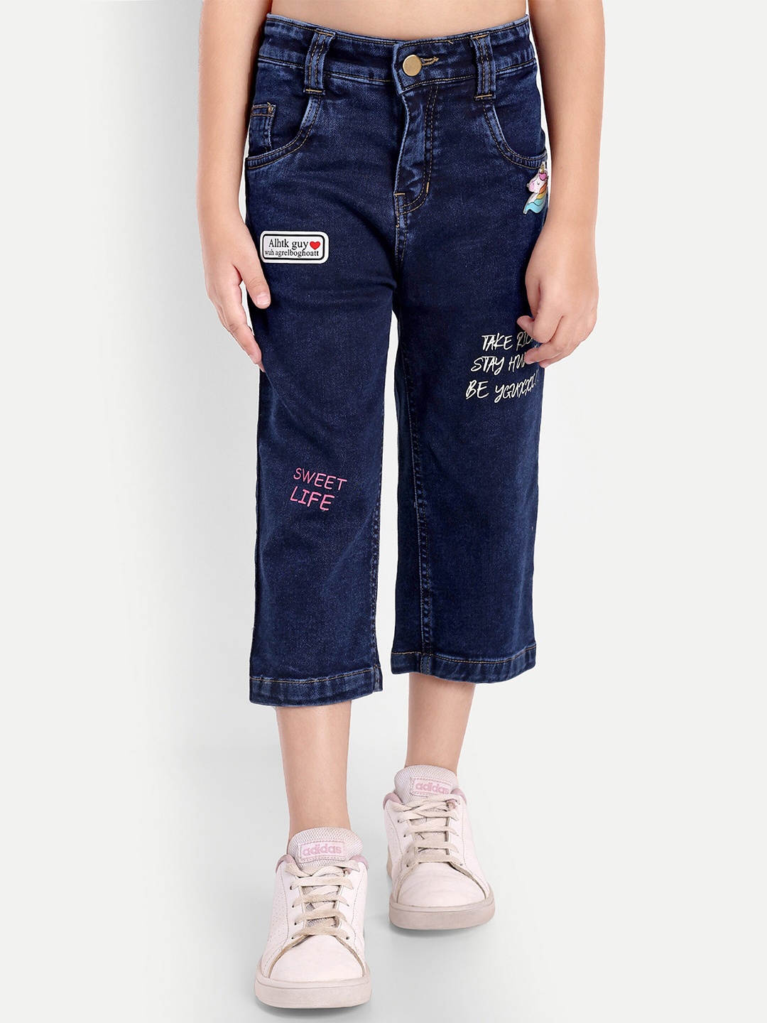 

PAMPOLINA Girls Mid-Rise Printed Clean Look Jeans, Blue