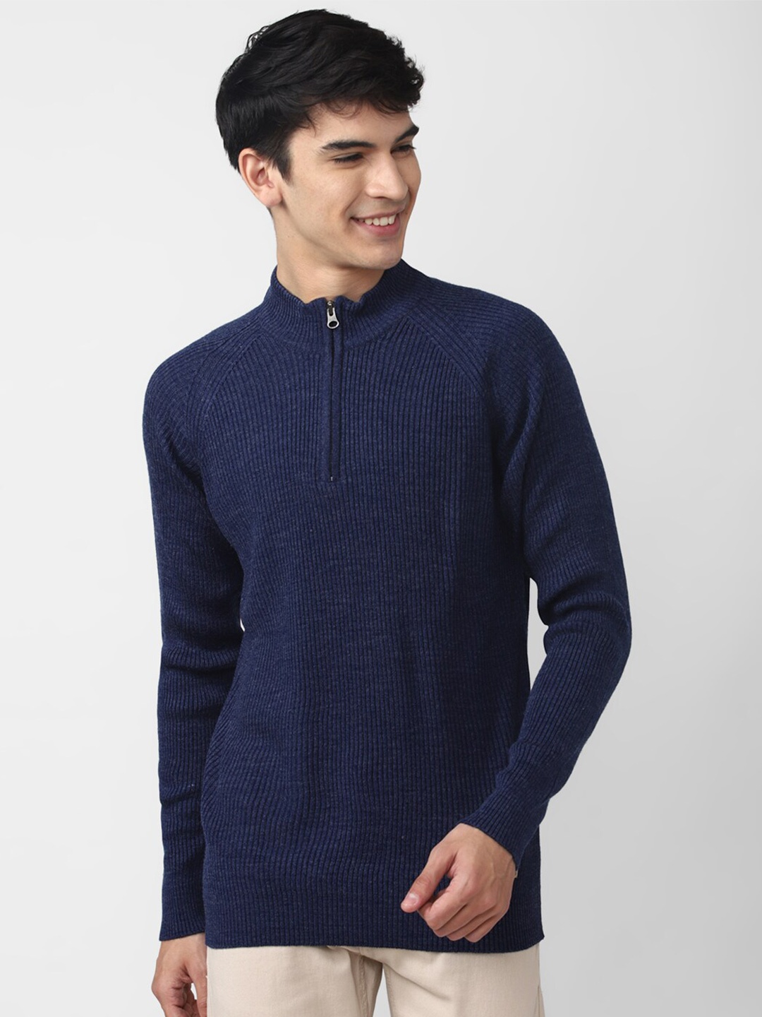 

PETER ENGLAND UNIVERSITY Men Half Zipper High Neck Acrylic Pullover, Navy blue