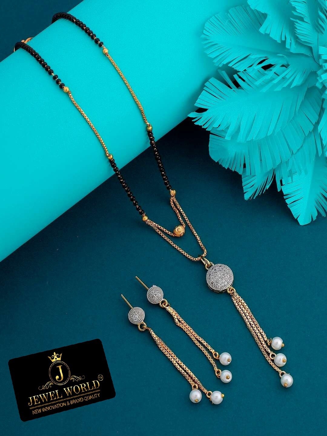 

JEWEL WORLD Gold-Plated Stone Studded & Beaded Mangalsutra With Earrings