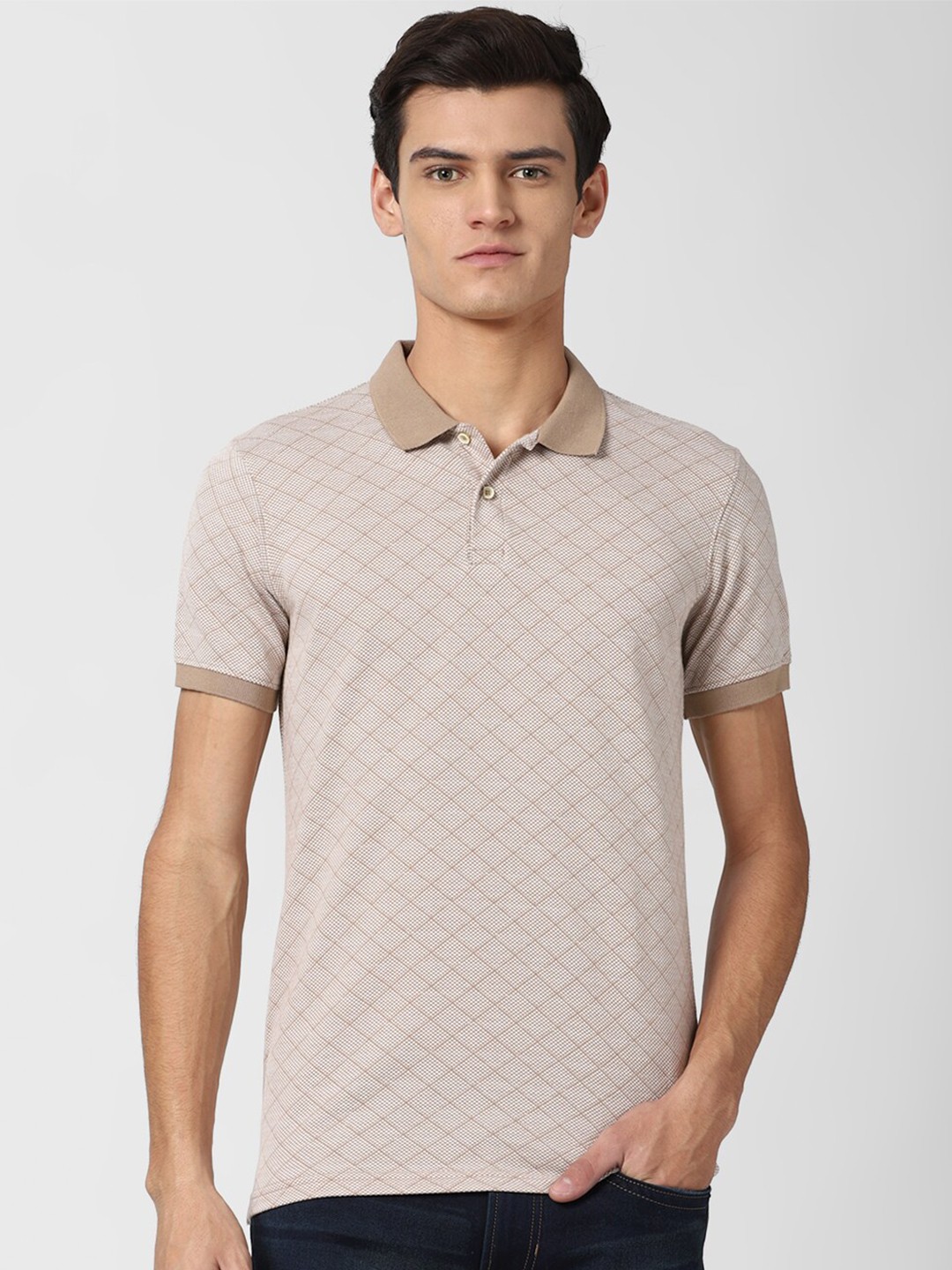 

PETER ENGLAND UNIVERSITY Geometric Printed Polo Collar Slim Fit T-shirt, Beige