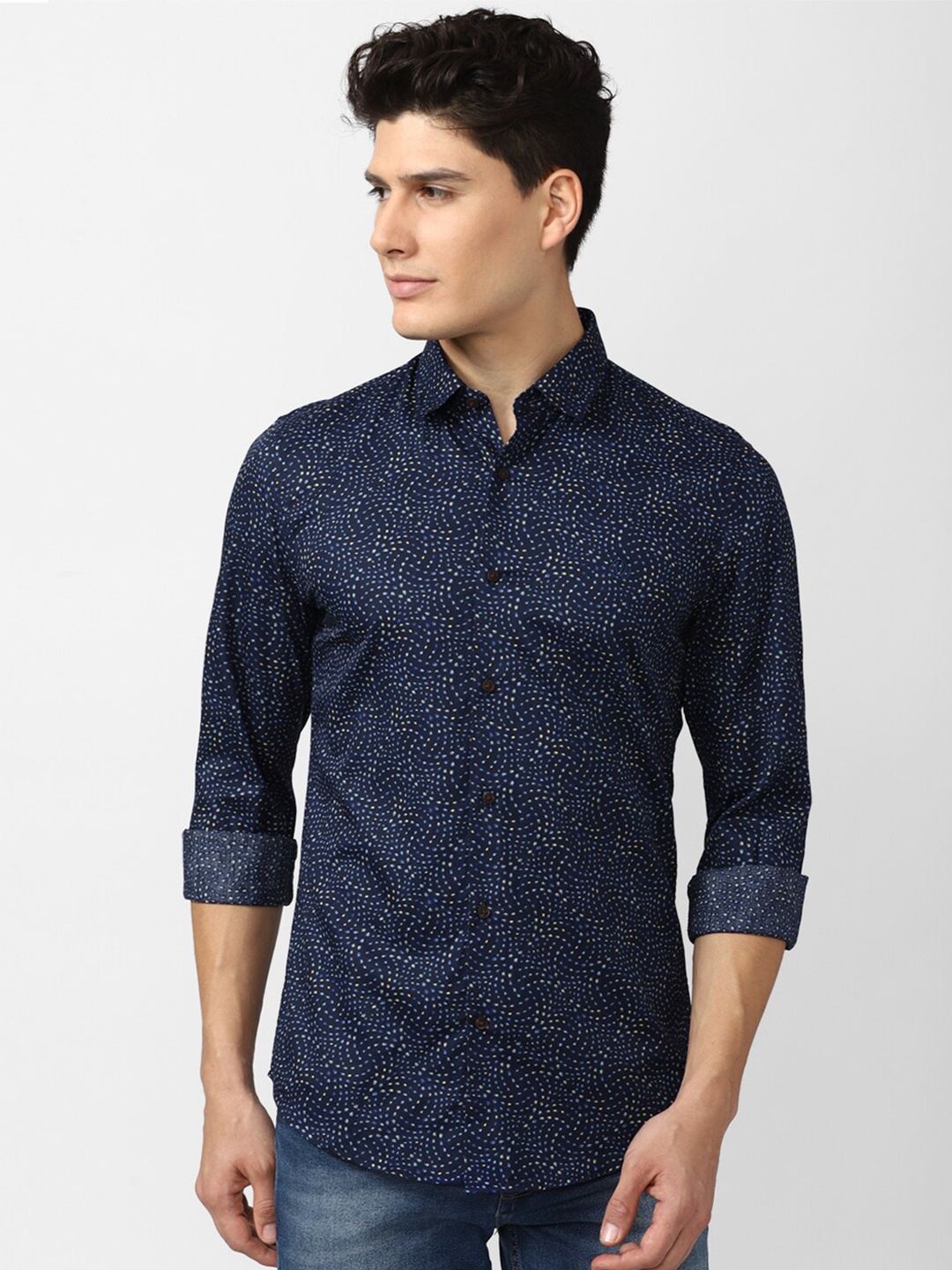 

PETER ENGLAND UNIVERSITY Slim Fit Abstract Printed Casual Pure Cotton Shirt, Navy blue