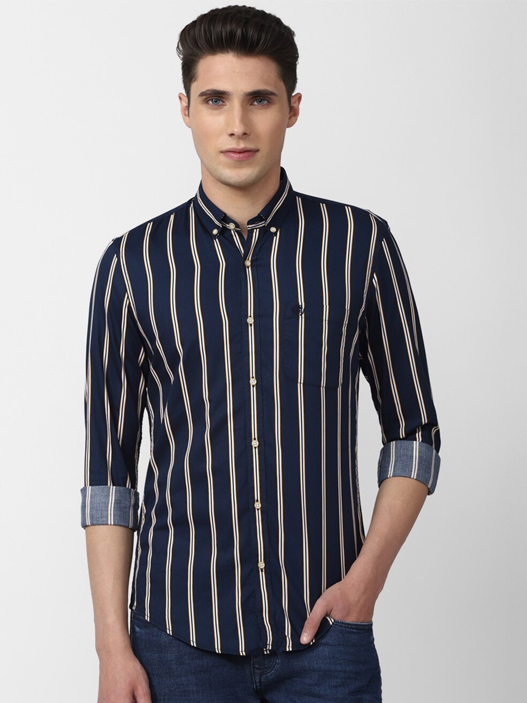 

PETER ENGLAND UNIVERSITY Slim Fit Striped Casual Pure Cotton Shirt, Navy blue