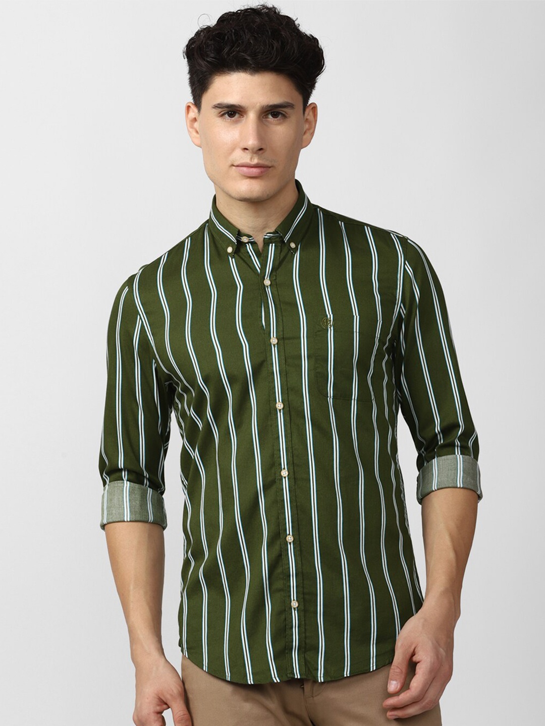 

PETER ENGLAND UNIVERSITY Vertical Striped Slim Fit Pure Cotton Casual Shirt, Olive