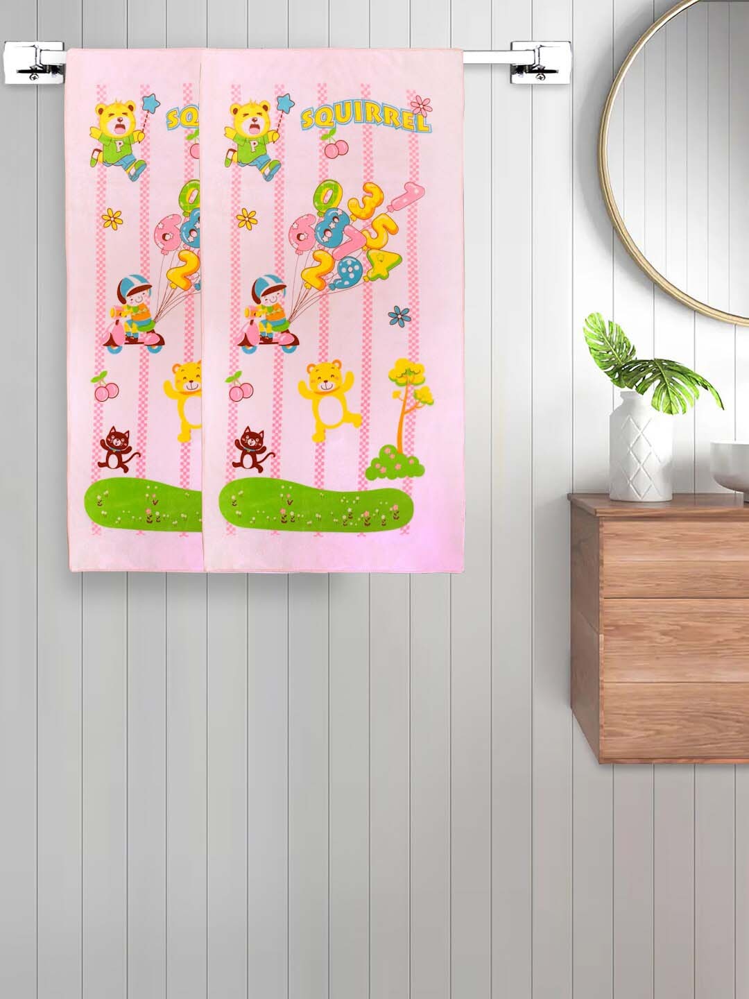 

FABINALIV Kids Pink & Green 2 Pieces Cartoon Printed 420 GSM Cotton Bath Towels