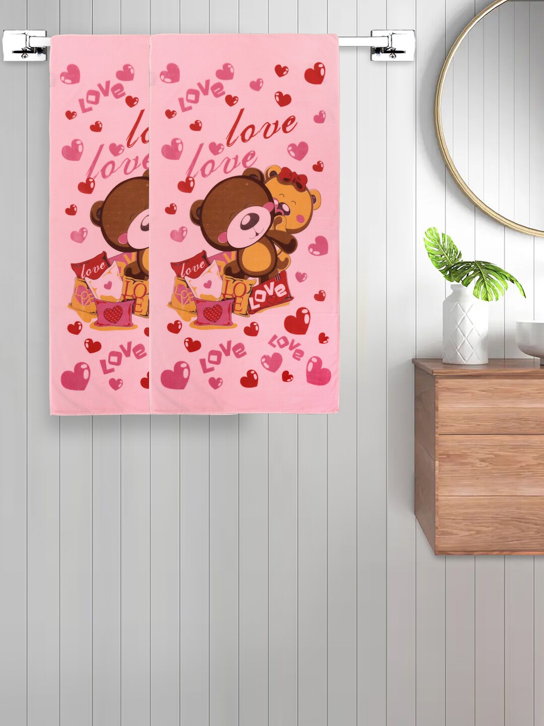 

FABINALIV Kids Pink & Red 2 Pieces Cartoon Printed 300 GSM Cotton Bath Towels