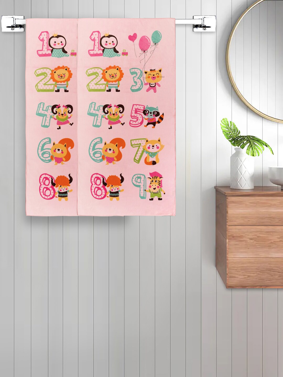 

FABINALIV Kids Pink & Blue 2 Pieces Cartoon Printed 420 GSM Cotton Bath Towels