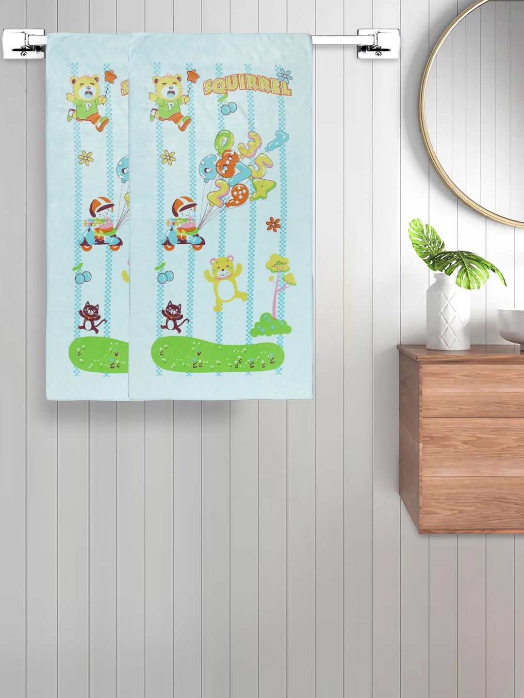 

FABINALIV Kids Blue & Green 2 Pieces Printed 420 GSM Cotton Bath Towels
