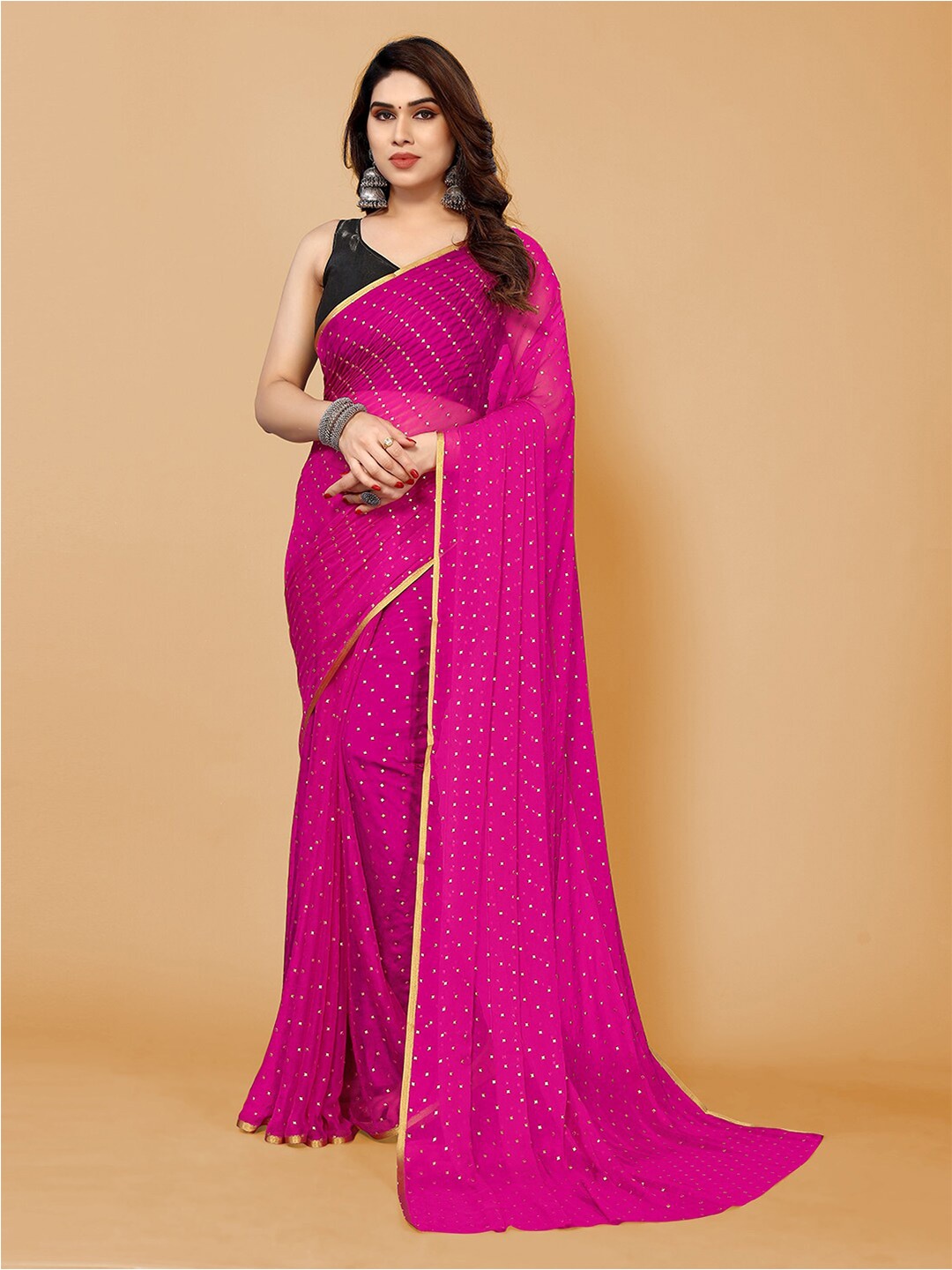 

FABMORA Embellished Zari Poly Chiffon Saree, Pink