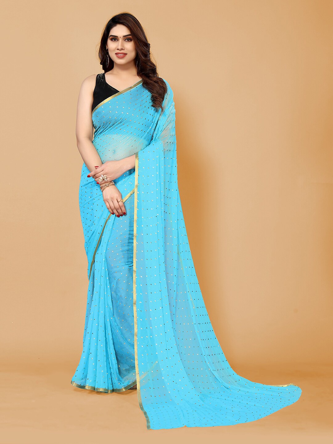 

FABMORA Geometric Printed Zari Saree, Blue