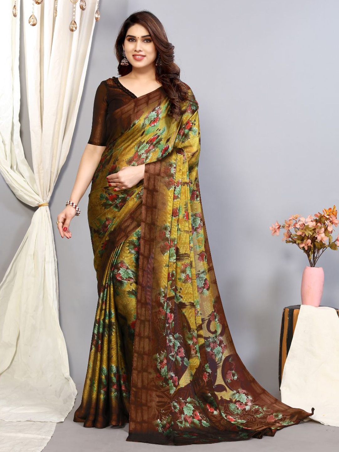 

FABMORA Floral Printed Poly Chiffon Saree, Mustard