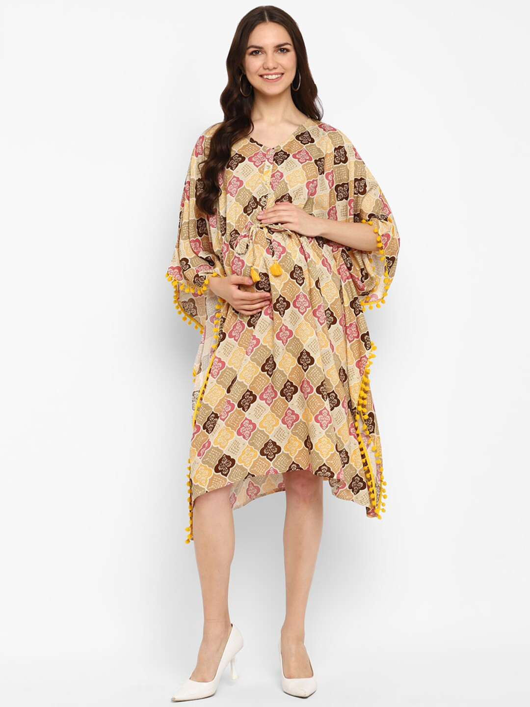 

Momsoon Maternity Ethnic Motifs Printed Kimono Sleeve Tie Up Cotton Kaftan Maternity Dress, Yellow
