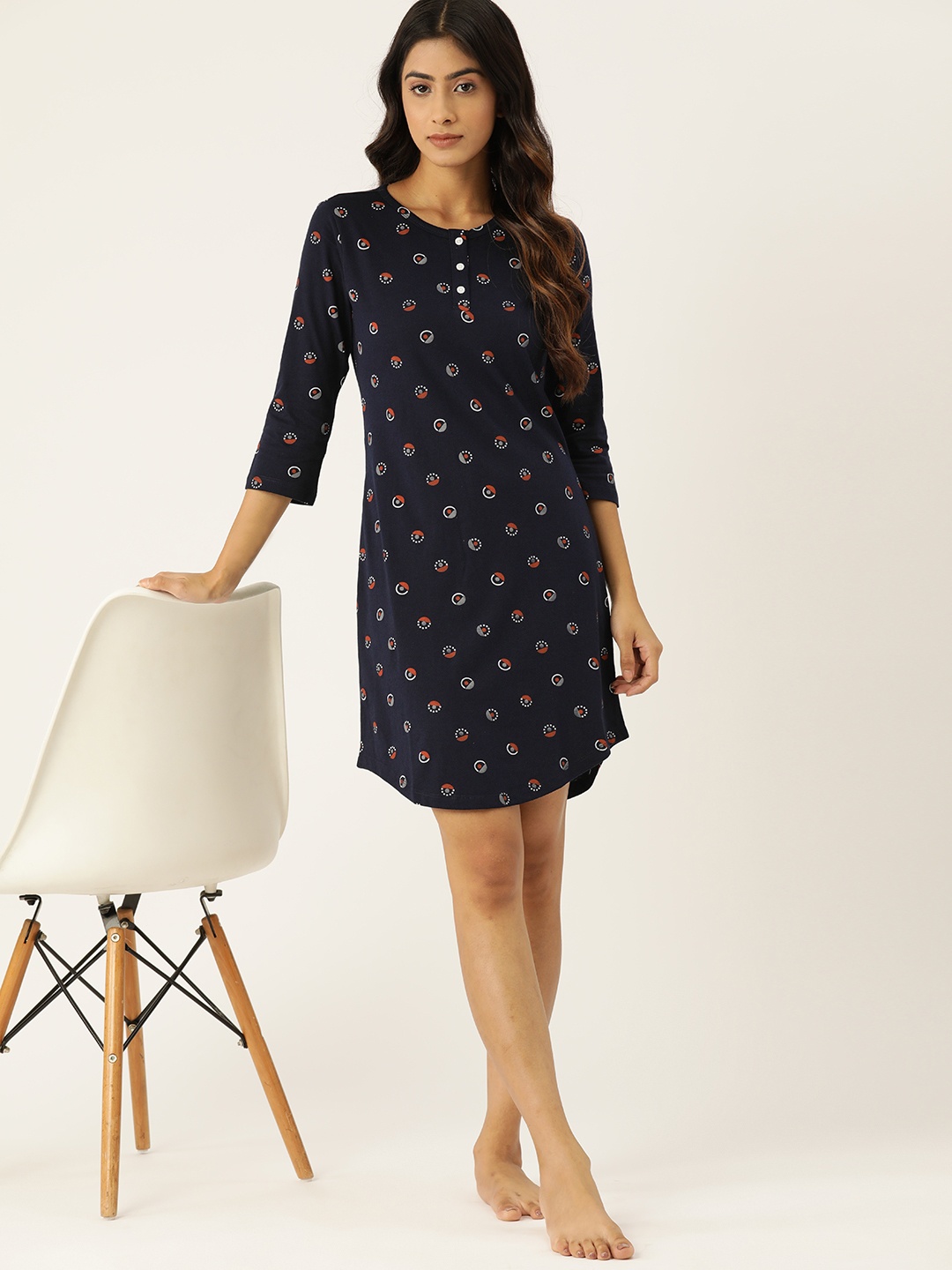 

ETC Printed Pure Cotton Nightdress, Navy blue