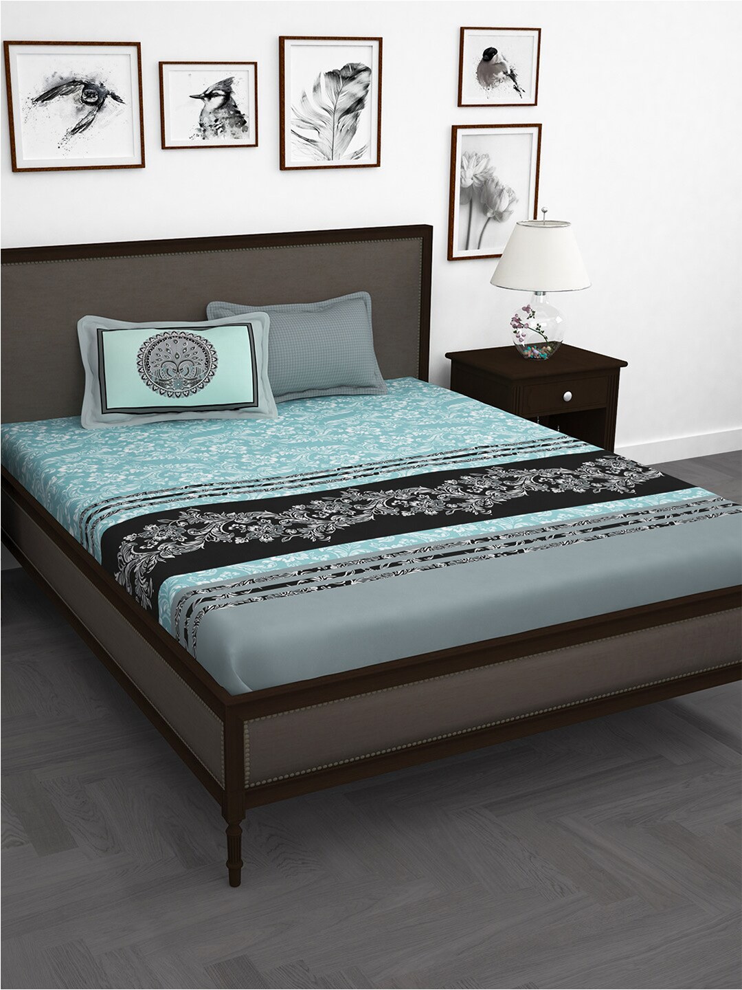 

Story@home Grey & Blue Printed Cotton 210 TC King Bedsheet with 2 Pillow Covers