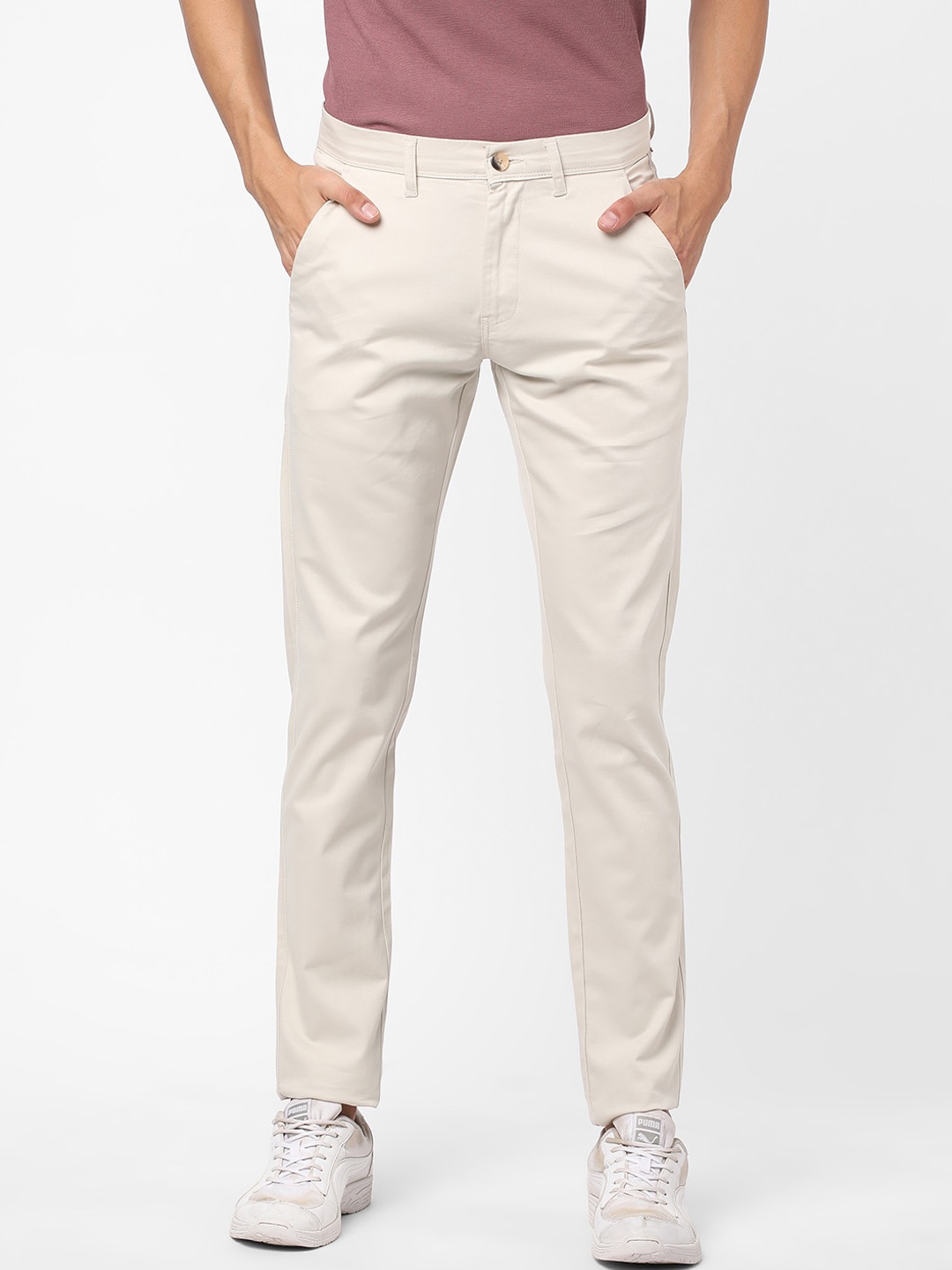 

R&B Men Slim Fit Cotton Trousers, Beige