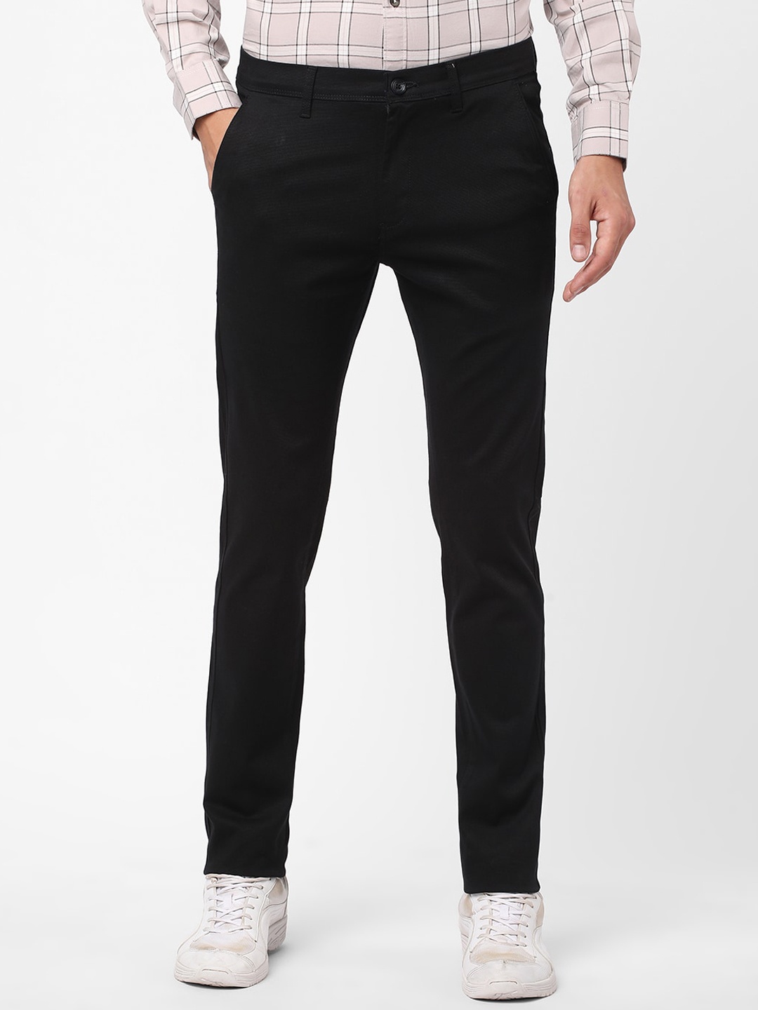 

R&B Men Slim Fit Cotton Trousers, Black
