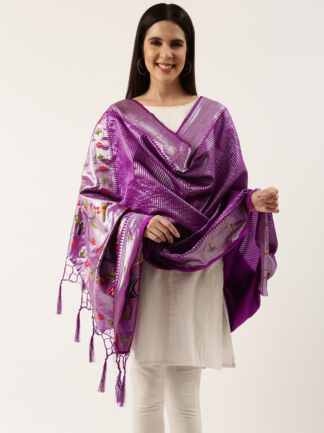 

LOOKNBOOK ART Floral Woven Design Jacquard Dupatta with Zari, Purple