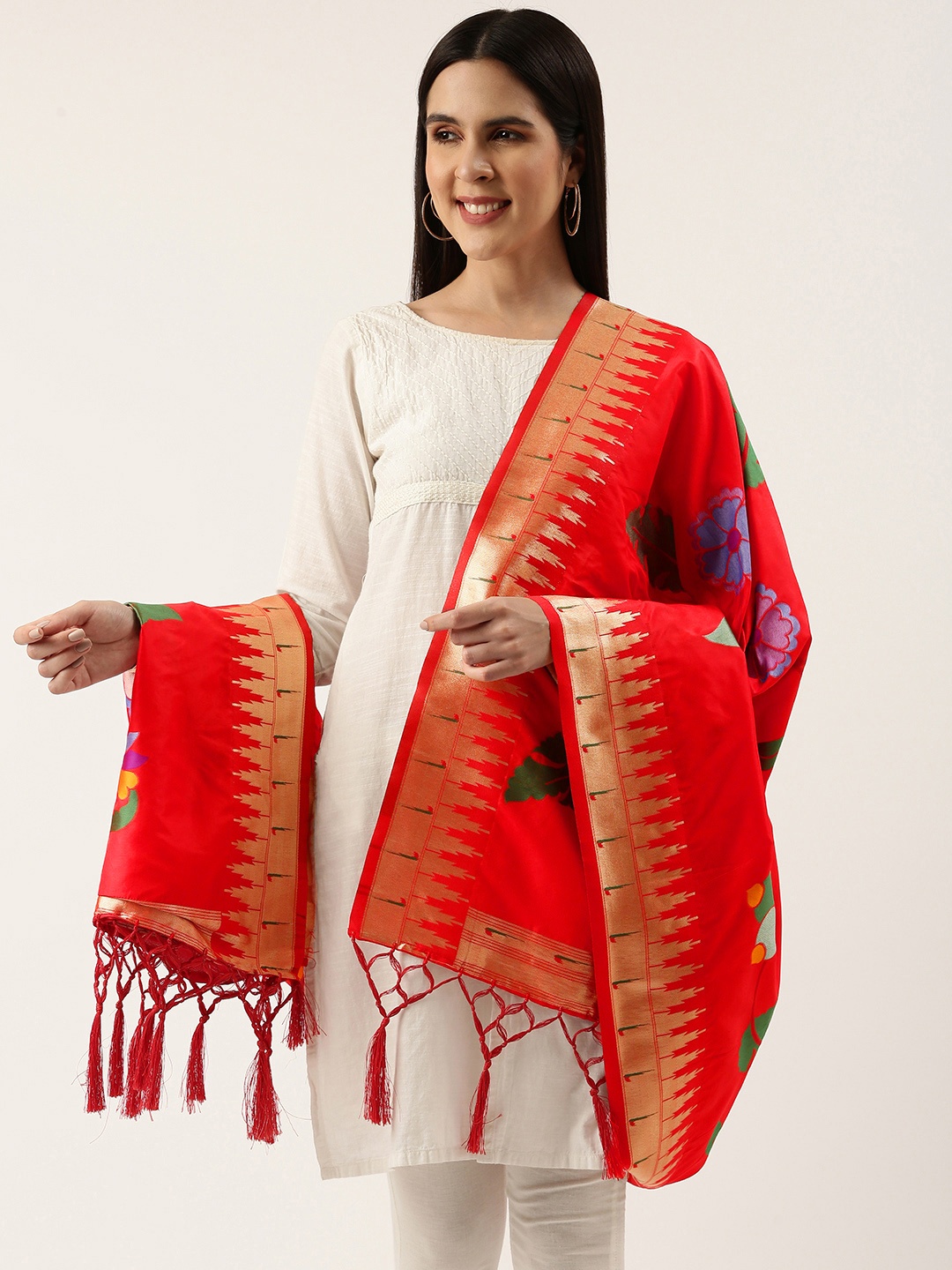 

LOOKNBOOK ART Woven Design Jacquard Dupatta with Zari, Red