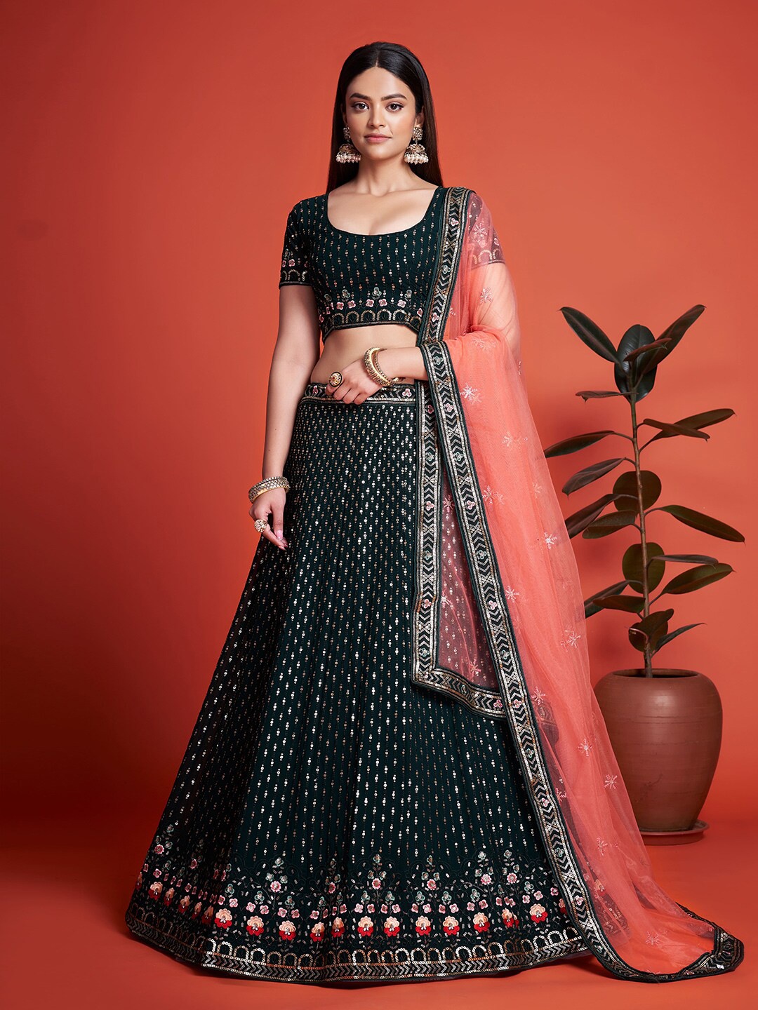 

Fusionic Embroidered Sequinned Semi-Stitched Lehenga Choli With Dupatta, Green