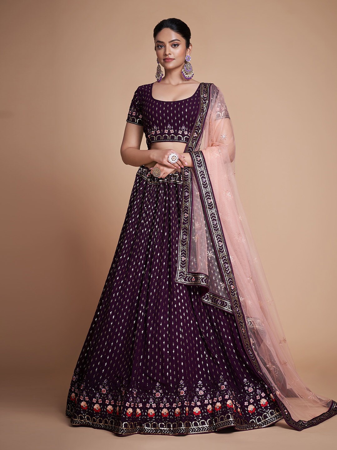 

Fusionic Embroidered Sequinned Semi-Stitched Lehenga Choli With Dupatta, Purple
