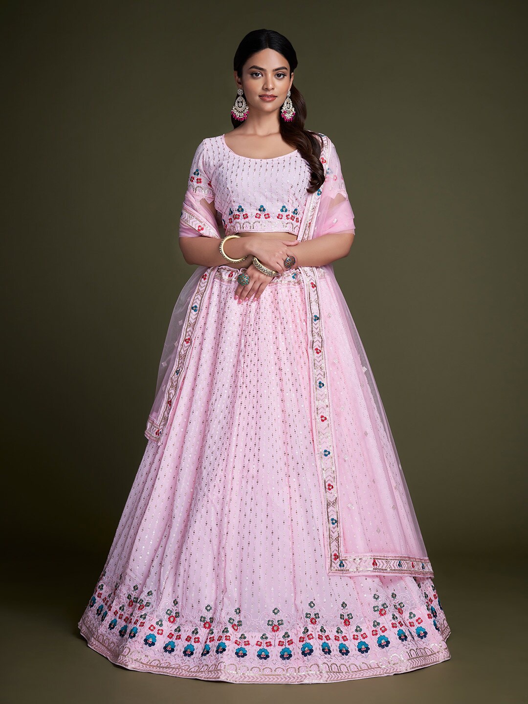 

Fusionic Embroidered Sequinned Semi-Stitched Lehenga Choli With Dupatta, Pink