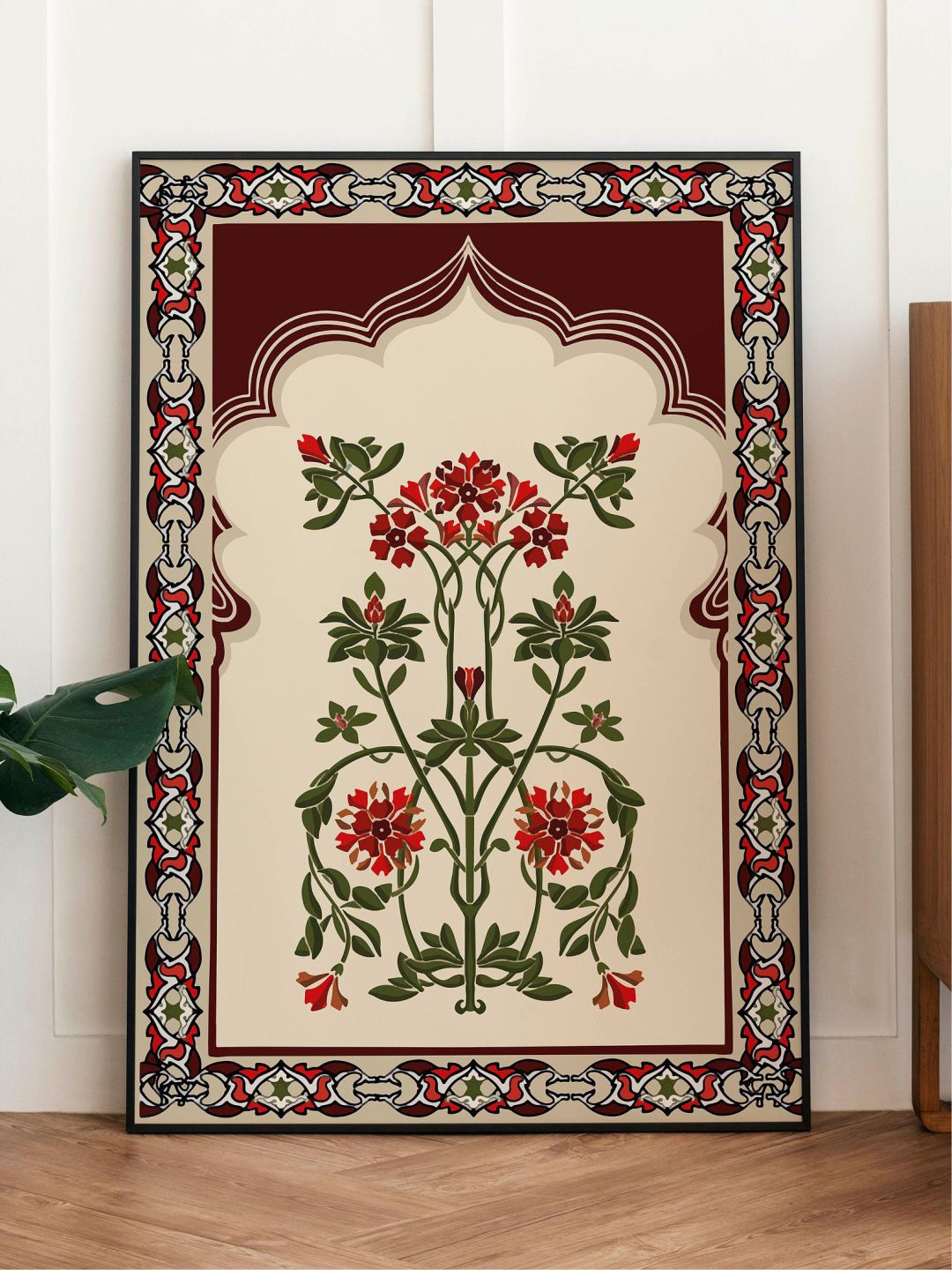 

INDIAN CLASSIC ART Off-White & Maroon Indian Floral Printed Framed Wall Art