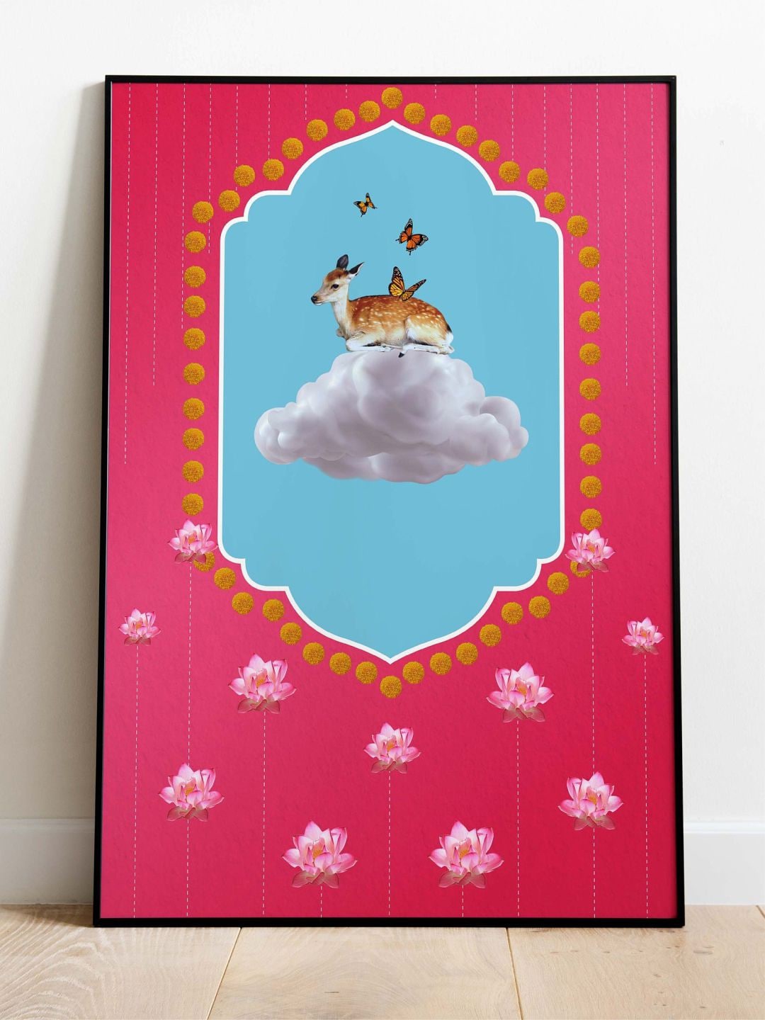 

INDIAN CLASSIC ART Pink & Blue Indian Pichwai Painting Framed Wall Art