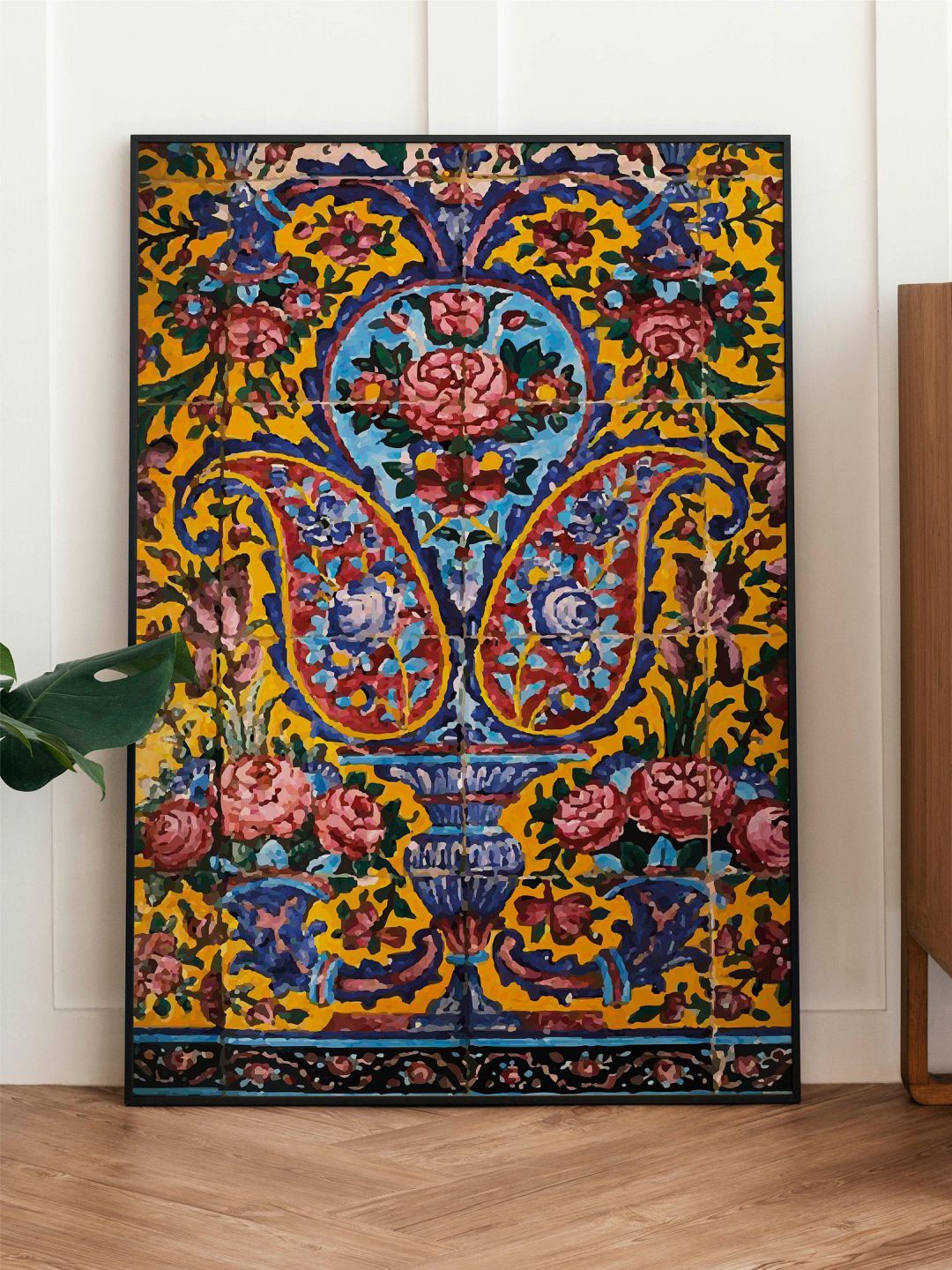 

INDIAN CLASSIC ART Mustard Yellow & Blue Madhubani Painting Framed Wall Art