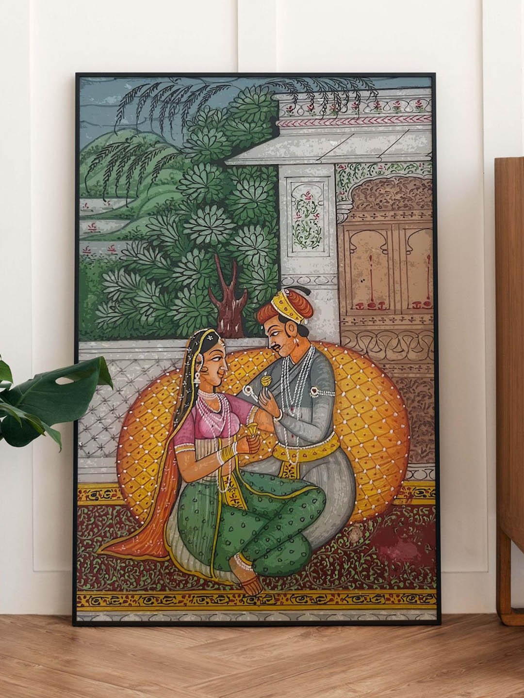

INDIAN CLASSIC ART Green & Grey Royal Raja Rani Framed Wall Art