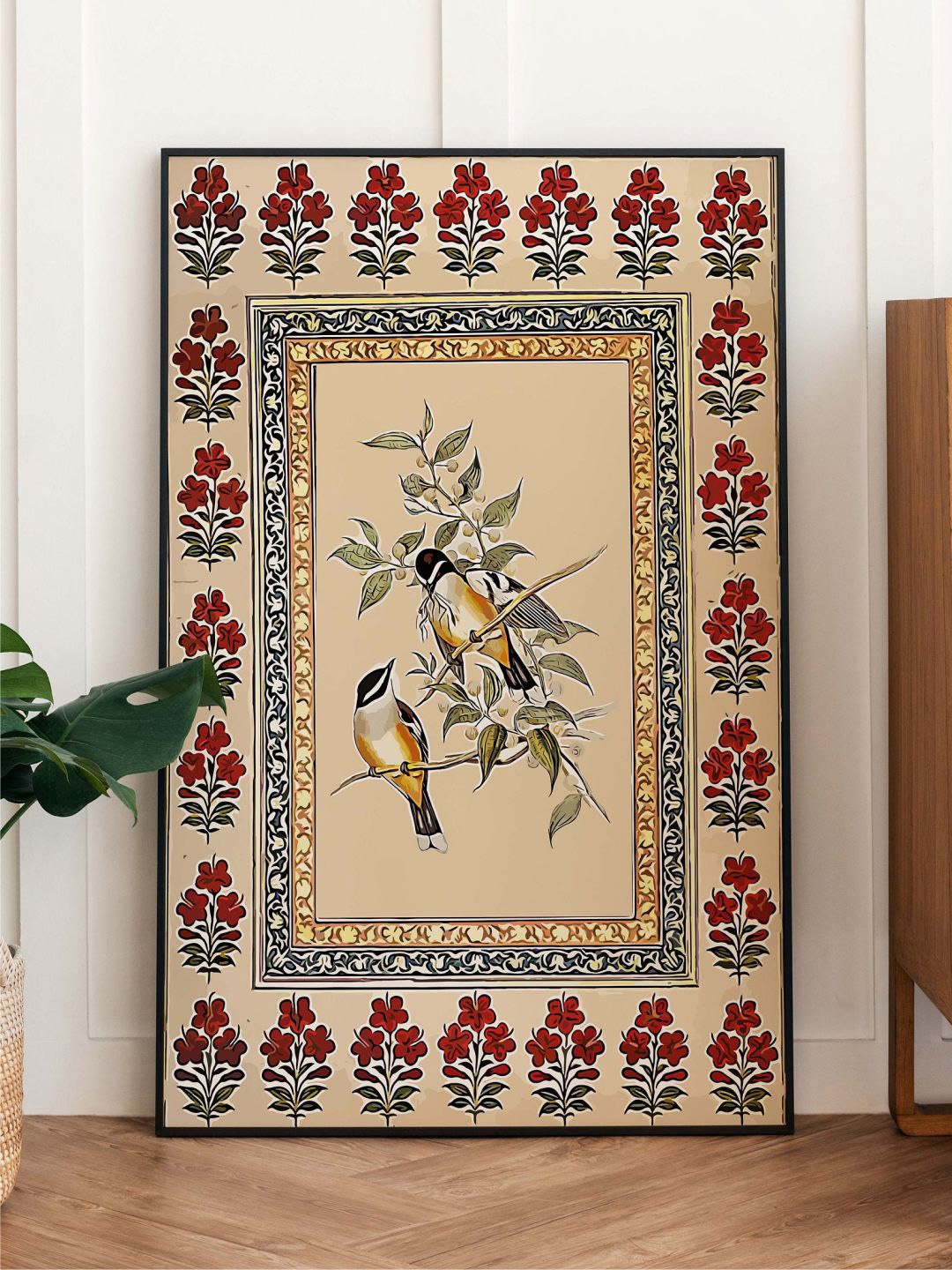 

INDIAN CLASSIC ART Beige & Green Mughal Bird Framed Wall Art