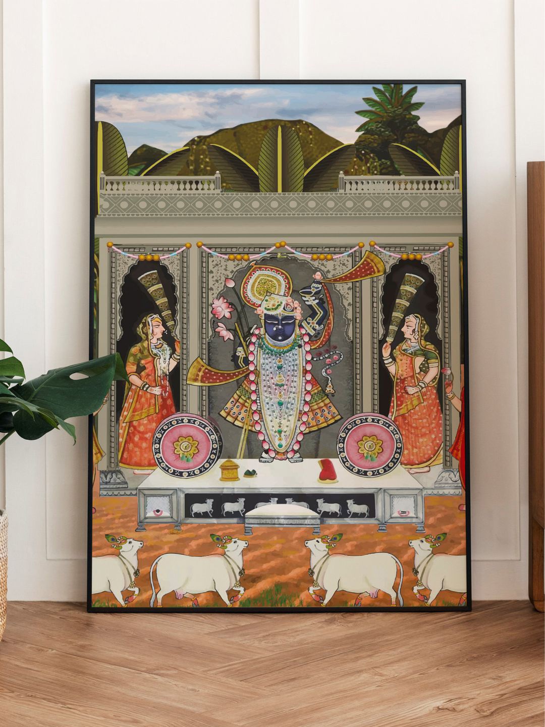 

INDIAN CLASSIC ART Taupe & Orange-Color Shreenathji Pichwai Framed Wall Art