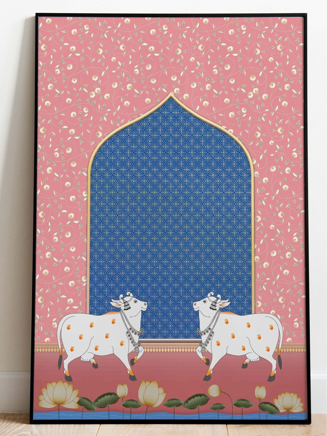 

INDIAN CLASSIC ART Pink & Blue Indian Cow Pichwai Painting Framed Wall Art